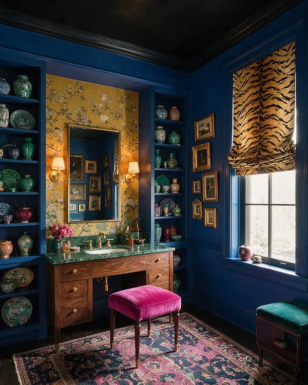 A maximalist powder room with deep navy built-in shelves filled with colorful decorative ceramics, a wood vanity with a green marble countertop, and a gold-framed mirror centered on floral wallpaper. A tiger-print Roman shade covers the window, and a patterned rug and velvet stools in magenta and green complete the rich, layered look.