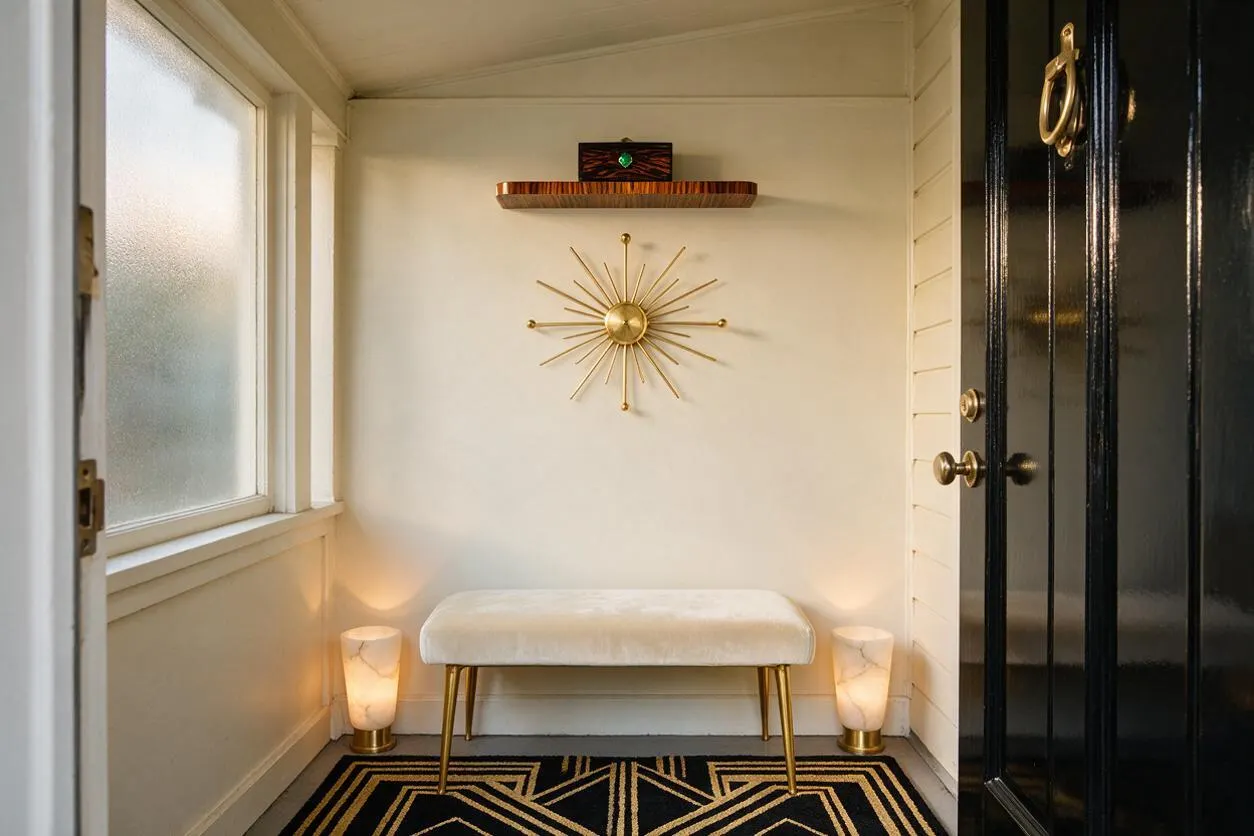A small front porch styled in Art Deco fashion features a black glossy door with brass hardware, a cream upholstered bench with gold legs, and a black-and-gold geometric rug. A gold sunburst wall sculpture and two marble-like floor lamps create a symmetrical, elegant entryway with warm lighting.