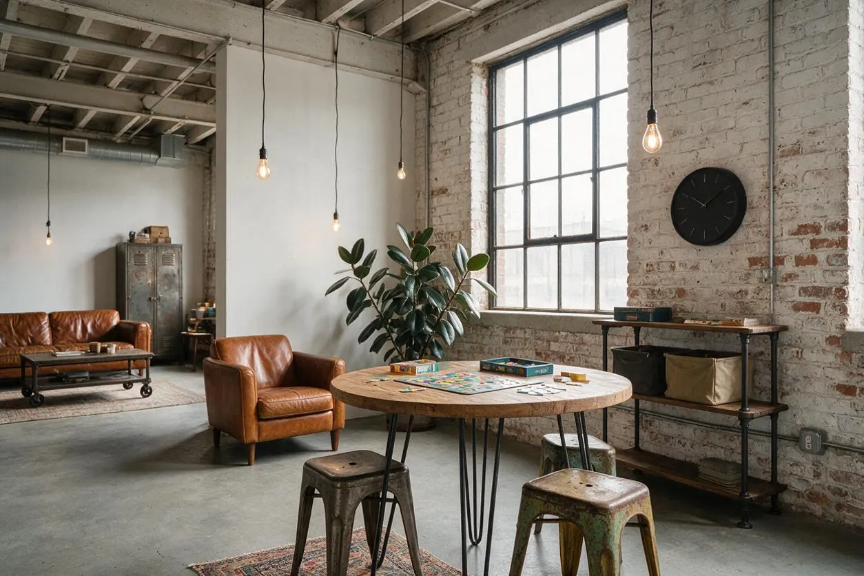 An industrial-style game room with exposed brick walls, tall factory windows, and hanging Edison bulbs. The space includes tan leather chairs, a round wood game table, metal stools, a vintage cabinet, and a small shelving unit with storage baskets.