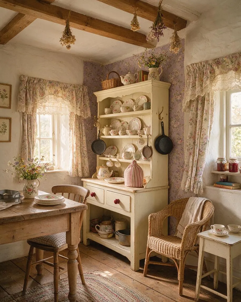 A cozy cottagecore kitchen with a cream-painted hutch filled with floral china, lavender wallpaper, and lace-trimmed floral curtains. A rustic wooden table, wicker chair, hanging dried flowers, and warm wood ceiling beams create a charming, lived-in farmhouse atmosphere.