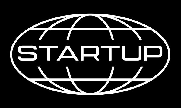 A logo design featuring the word 'STARTUP' within an oval globe outline.
