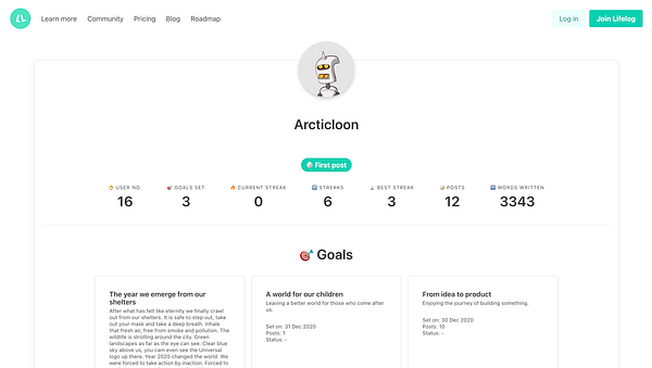 The image displays a user profile on the Lifelog platform, showcasing various statistics and goals.