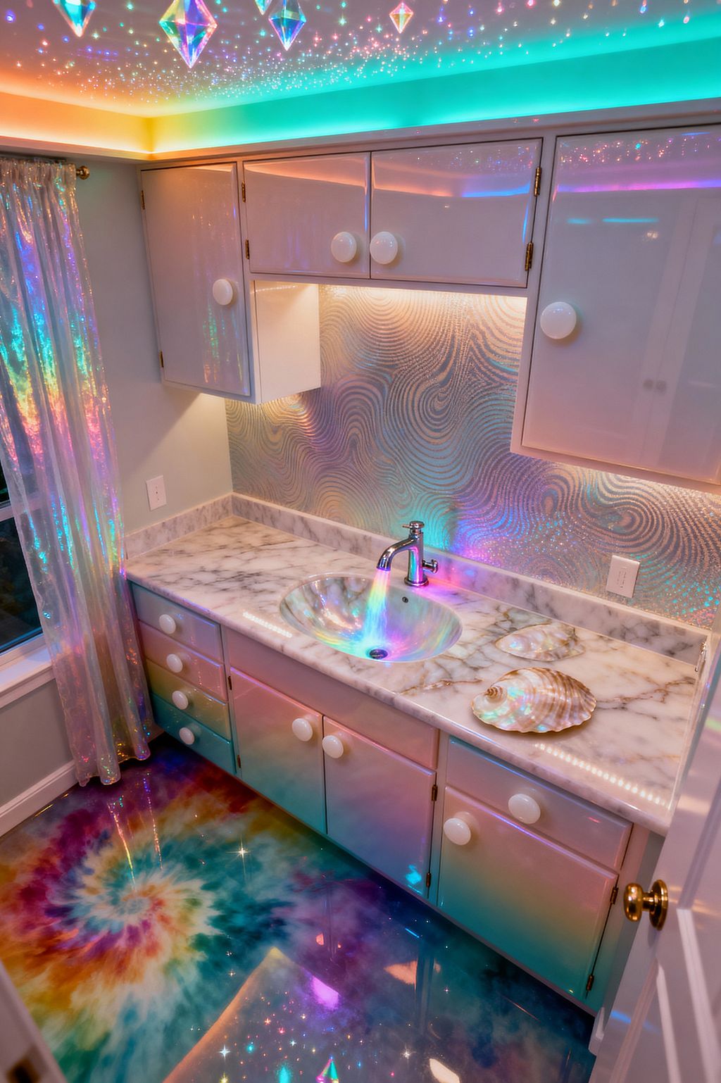 Small laundry sink area with glossy white cabinets and large round knobs beneath a color-changing star ceiling with hanging prism ornaments. A white marble countertop with gray veining holds an oval sink and chrome faucet, backed by a holographic ripple-pattern backsplash lit by under-cabinet LEDs. The high-gloss epoxy floor forms a rainbow tie-dye spiral. An iridescent sheer curtain frames the window, with pearlescent shells placed on the counter.