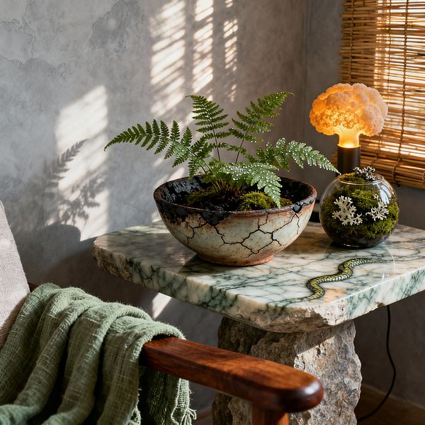 A sunlit living room vignette shows a green marble-topped side table on a rough stone pedestal beside a wooden armchair draped with a soft green textile. On the table, a crackle-glazed ceramic bowl with fern and moss sits next to a glass terrarium and a small warm-glow mineral lamp, while bamboo blinds cast linear shadows across a textured gray plaster wall.