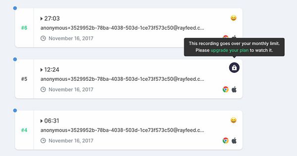 The image shows a list of recordings with some exceeding a monthly limit, prompting an upgrade message.