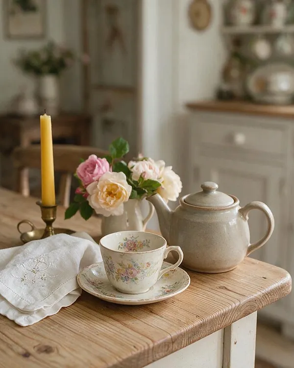 A cozy cottagecore tea setting on a wooden table with a floral teacup and saucer, a ceramic teapot, a brass candlestick with a yellow taper, and a white embroidered cloth. Soft pink and cream flowers in a small vase add a romantic touch, with a blurred farmhouse-style kitchen in the background.