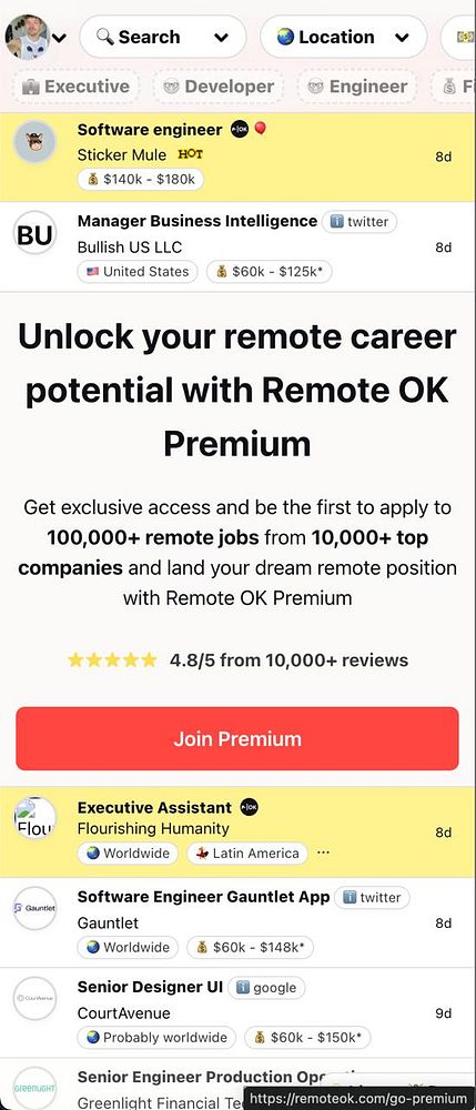 The image displays a job listing interface featuring remote job opportunities and a promotional ad for Remote OK Premium.