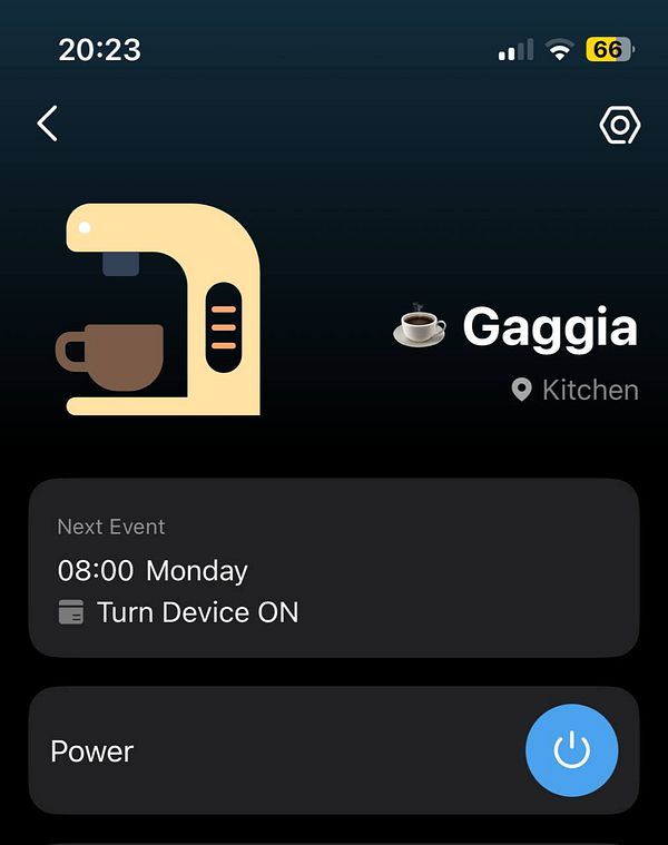 The image displays a smart home interface for controlling a coffee machine.