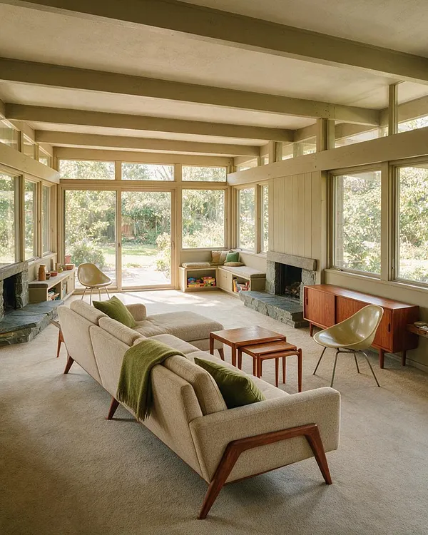 A bright sunroom with floor-to-ceiling windows, exposed ceiling beams, and a central beige sofa with walnut legs. The room includes a stone fireplace, low wood cabinets, a pair of molded chairs, nested coffee tables, and green accent textiles, all set against a warm neutral palette with garden views outside.