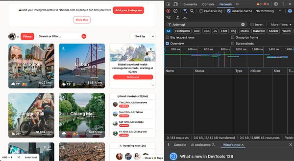 The image displays a web interface for a travel platform alongside a network monitoring tool.