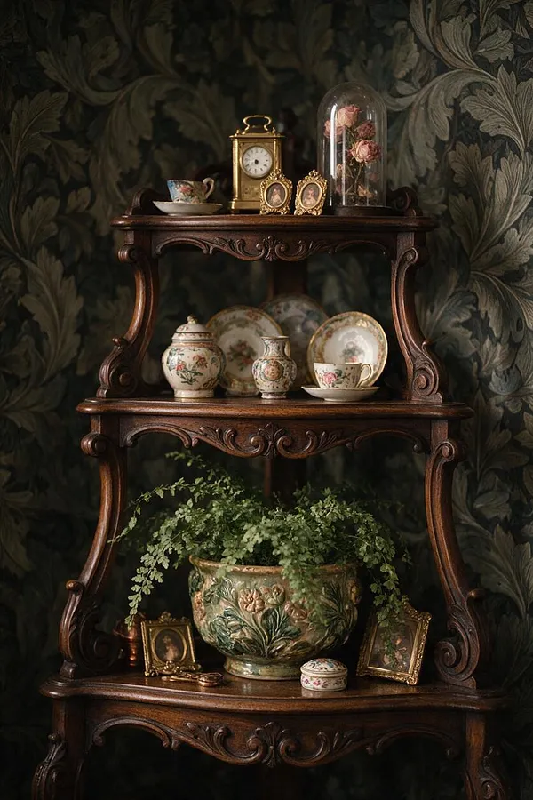 A dark carved wooden Victorian étagère stands against leaf-patterned wallpaper, styled with a brass clock, framed mini portraits, floral teacups and plates, a glass cloche of dried roses, and a large botanical planter with trailing greenery. The arrangement feels layered, romantic, and antique.