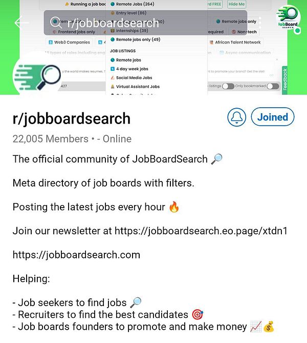 The image displays the subreddit page for r/jobboardsearch, showcasing its member count and community details.