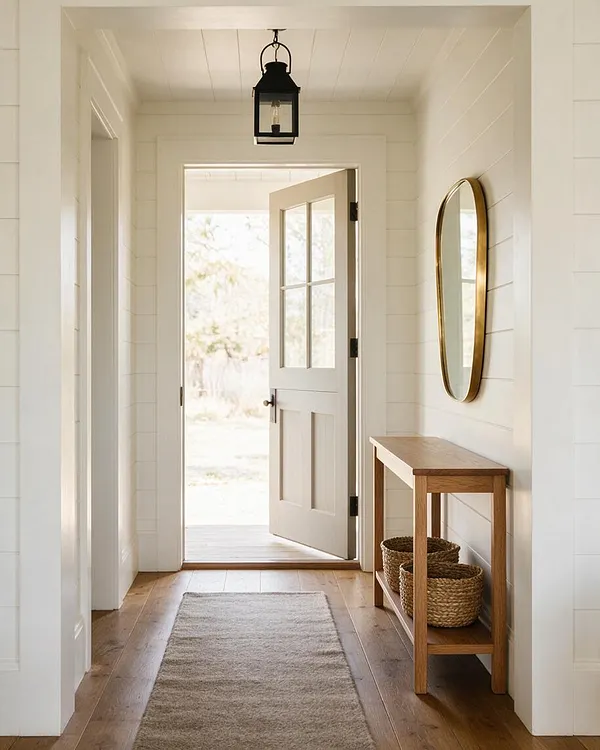 A bright transitional entryway with white paneled walls and ceiling, a black lantern pendant overhead, and a light wood console table with woven baskets. An oval gold-framed mirror hangs above the console, and an open white door lets in soft daylight over a natural wood floor and neutral runner rug.