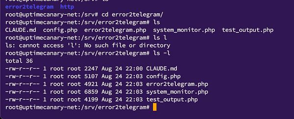 A terminal interface displaying commands and file listings related to the 'error2telegram' directory.