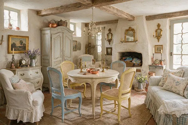 A cozy French Country game room with a round painted table surrounded by pastel cane-back chairs in blue, yellow, and cream. The room features rough plaster walls, exposed wood beams, a stone fireplace with board games inside, antique mirrors and candelabras, and soft floral upholstery with warm natural light.