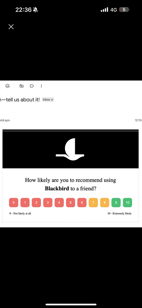 The image displays a survey email interface with a recommendation question for the service Blackbird.