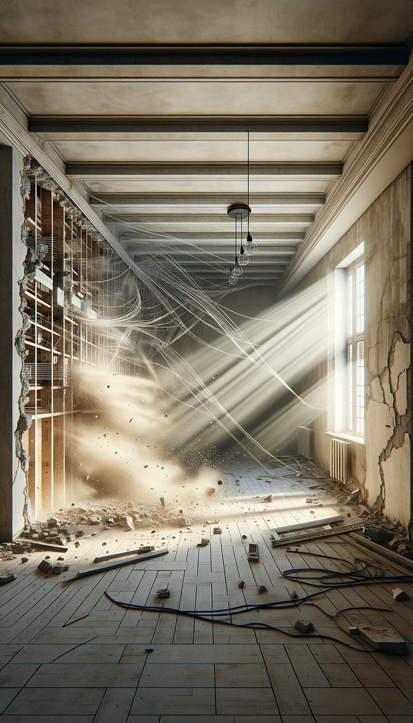 an interior space undergoing renovation with a wall partially knocked down, showing exposed beams and wires