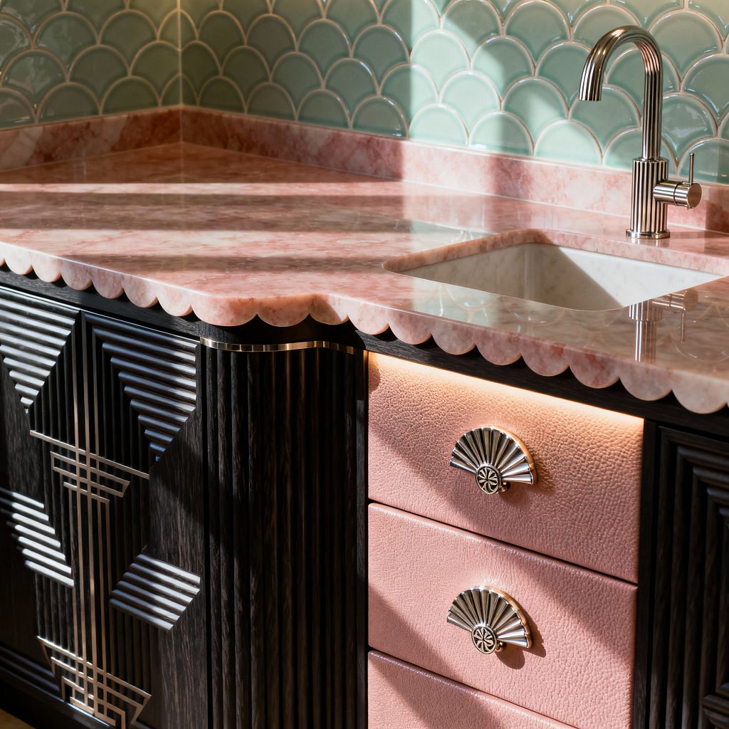 A close-up of an Art Deco kitchen corner shows a blush pink marble countertop with a scalloped edge and an undermount white marble sink, set against a glossy mint-green fish-scale tile backsplash. Dark fluted wood cabinetry with stepped geometric metal inlays sits below, paired with textured pink drawers and fan-shaped nickel pulls, warm LED accent lighting, and a polished nickel gooseneck faucet, creating a richly layered, glamorously detailed composition.