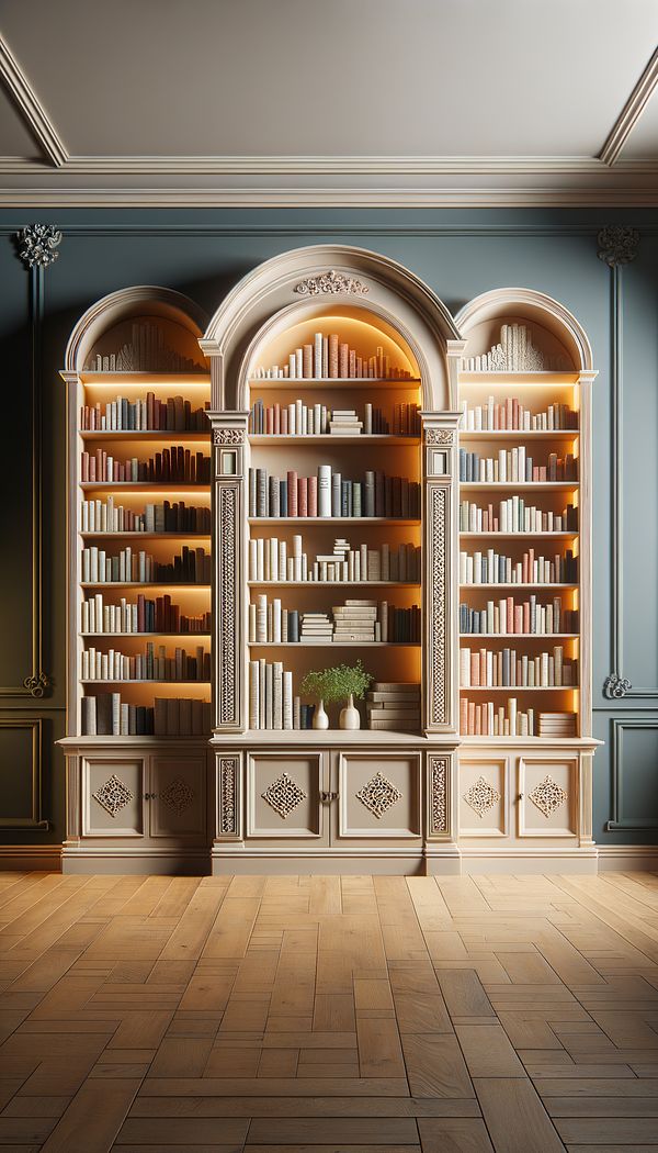 an elegantly designed alcove with built-in shelves housing a collection of books, highlighted by soft lighting, against a contrasting wall color