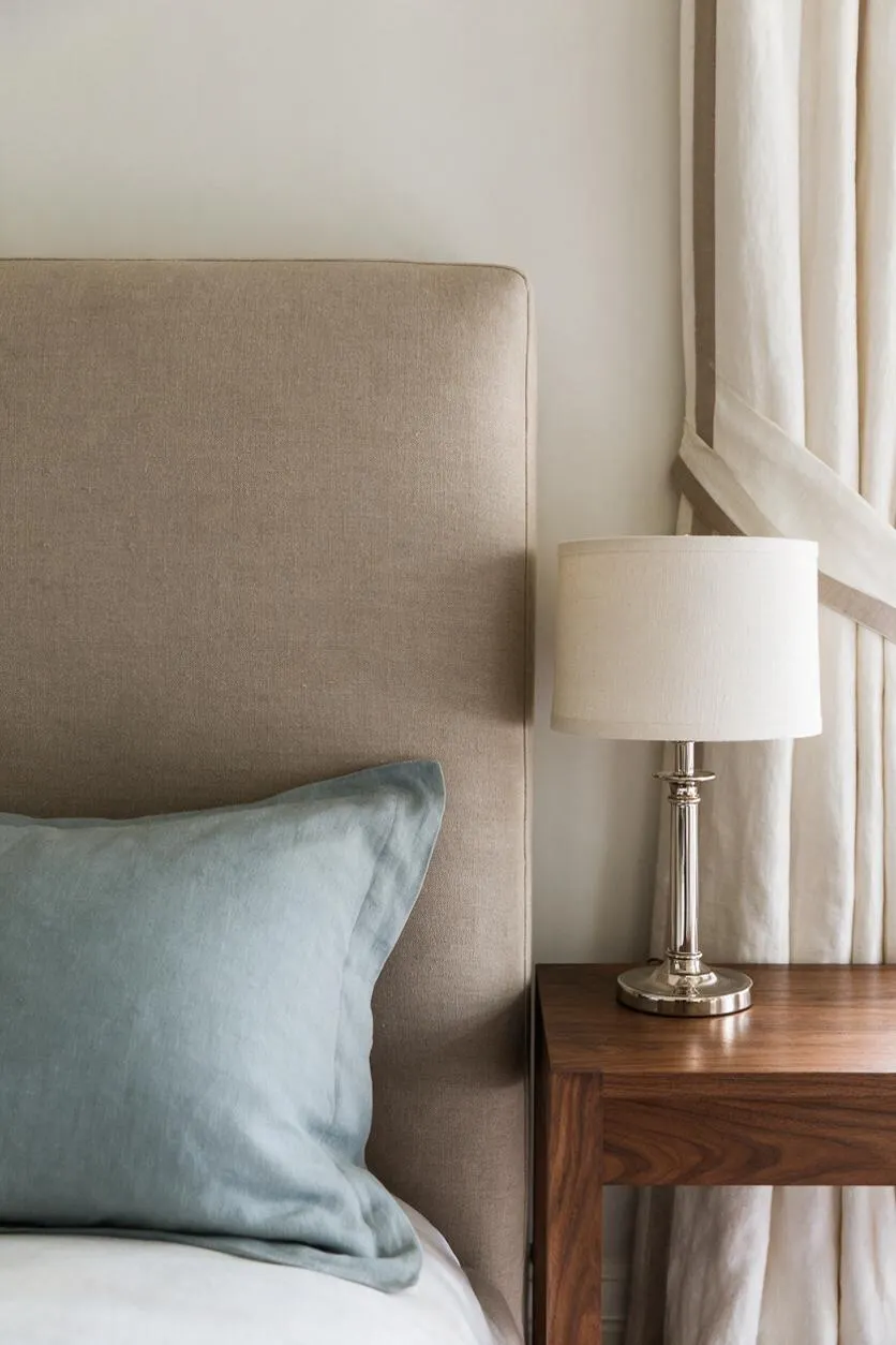 A serene bedroom vignette shows a beige upholstered headboard, a pale blue pillow on white bedding, and a walnut nightstand topped with a silver table lamp and cream shade. Soft off-white curtains frame the right side, creating a calm Transitional style look.
