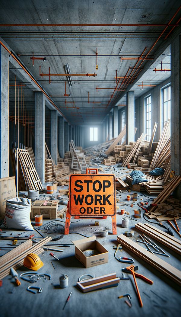A bright orange Stop Work Order notice attached to a partially renovated interior space, with construction tools and materials visible in the background.