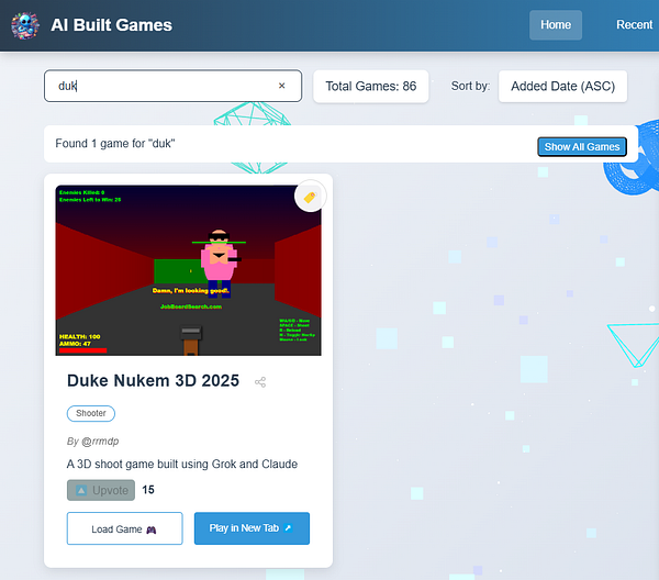 The image displays a user interface for an online game platform featuring a search result for the game 'Duke Nukem 3D 2025'.