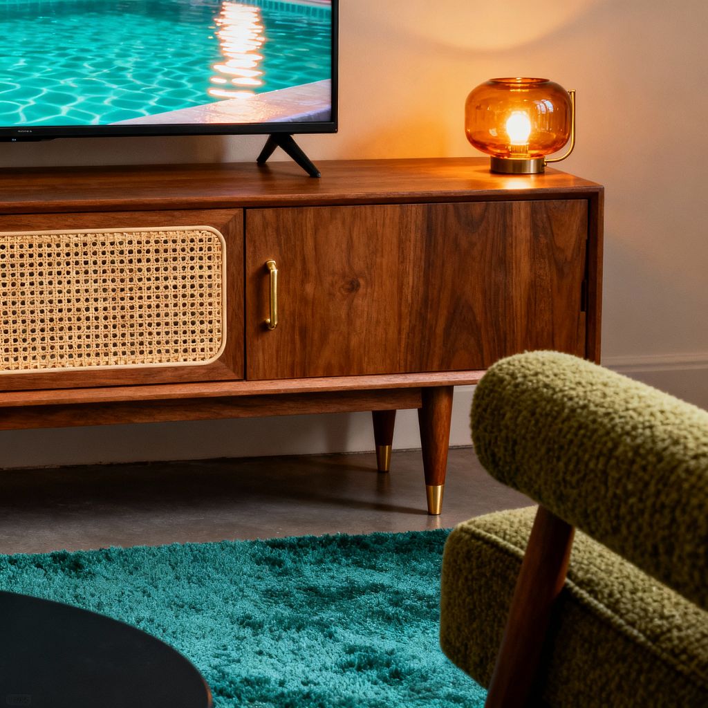 Close-up of a Mid-Century Modern media room showing a walnut TV console with a cane-front door, brass pull, and tapered legs capped in brass. An amber glass globe lamp glows on the surface beside a TV screen, while an olive green, textured armchair and a plush teal rug sit in front of a round black coffee table on a gray concrete floor, against warm white walls, creating a tidy, retro-inspired viewing corner.
