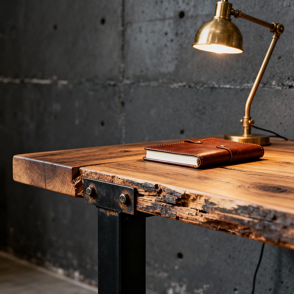 A close-up of an industrial-style home office desk shows a thick reclaimed wood tabletop with a heavily weathered front edge, bolted to black steel legs. On the right, a brass adjustable task lamp casts warm light over a brown leather notebook with a wrap cover. The background is a dark charcoal cast-concrete wall with visible formwork marks, creating a moody, workshop-like atmosphere that emphasizes raw materials and texture.