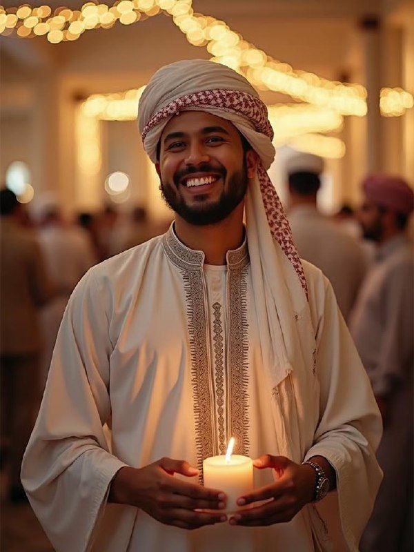A smiling man in traditional attire holds a lit candle in a festive setting.