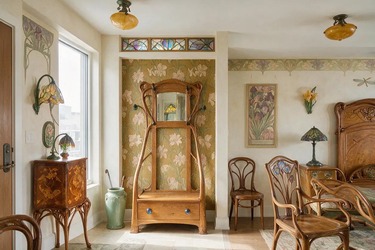 An Art Nouveau entryway featuring carved wood furniture with flowing, organic lines, a decorative mirror, stained glass accents, floral wallpaper, and amber glass ceiling lights. The space includes an ornate cabinet, bentwood chairs, and a warm neutral palette with green and gold details.