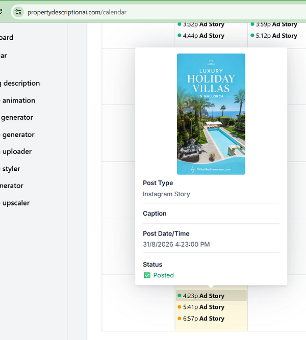 Screenshot of an Instagram mobile interface displaying story scheduling options with a Mediterranean villa image.