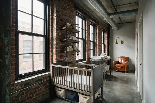 A narrow industrial-style nursery with exposed brick walls, tall black-framed windows, and visible metal ductwork along the ceiling. The room includes a gray crib with storage baskets underneath, a metal changing table near the windows, a tan leather armchair, and a brass wall sconce on a white wall.