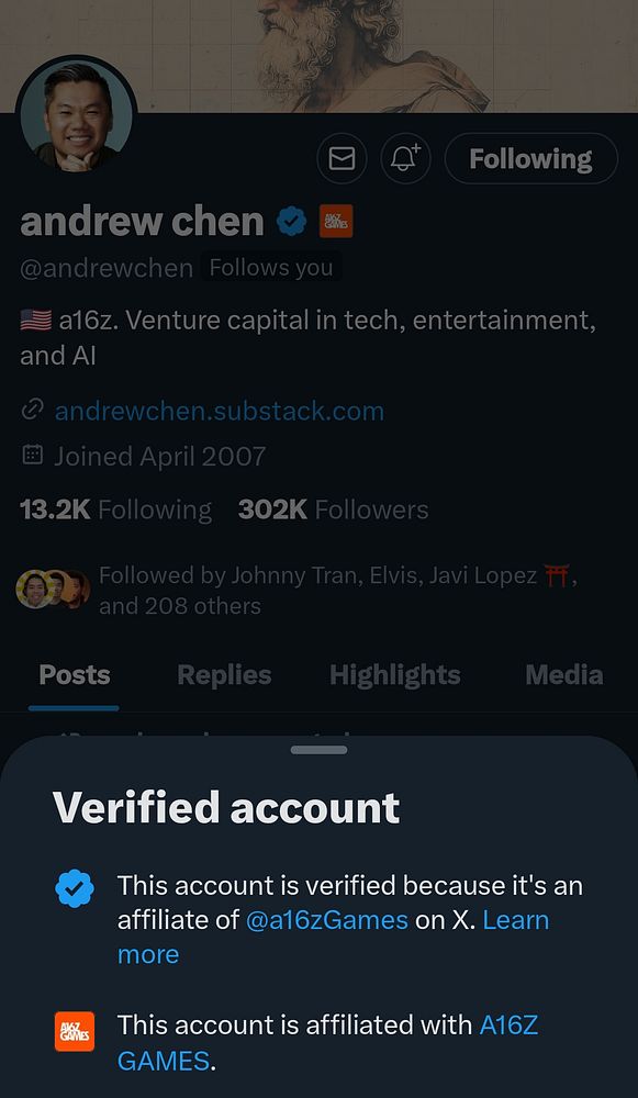 The image displays the Twitter profile of Andrew Chen, highlighting his affiliation with a16zGames.