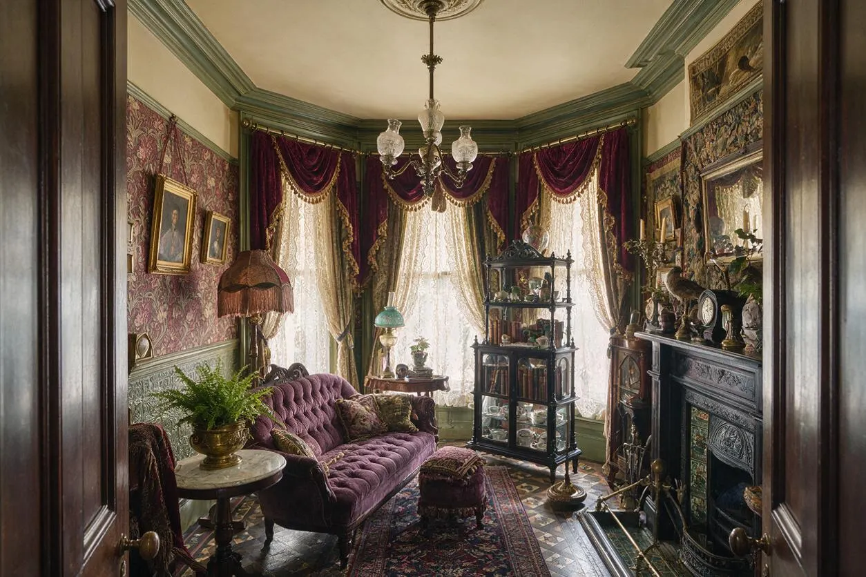A richly decorated Victorian sunroom with lace-curtained bay windows, deep plum velvet drapes, and patterned wallpaper. The room includes a tufted purple sofa, ornate wood and glass display cabinet, dark carved fireplace, brass accents, and layered rugs under a vintage chandelier.