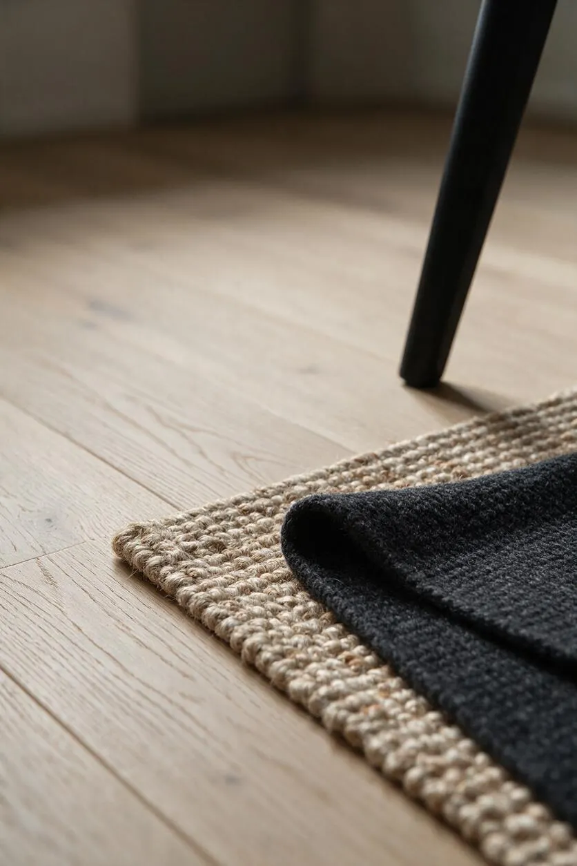 A close-up view of a Japandi-inspired interior showing a pale oak floor with subtle grain, a thick woven natural-fiber rug in beige, and a dark charcoal textile layered on top. A slim black chair leg enters from the upper right, adding contrast to the soft neutral palette.