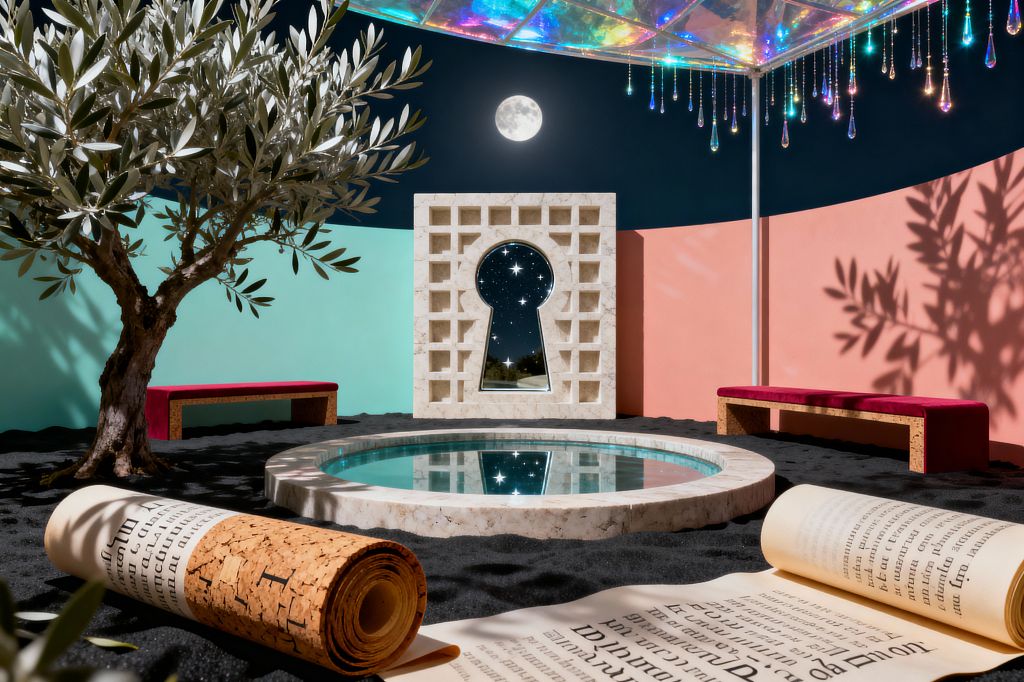 A surreal patio at night centers on a round, marble-edged pool set in black sand, facing a cream stone lattice with a large keyhole opening that reveals a starry sky and full moon. Curved pastel walls in mint and coral, magenta-upholstered benches on cork bases, an olive tree, and a canopy of iridescent panels with hanging glass droplets create prismatic light, while rolled manuscripts lie in the foreground.