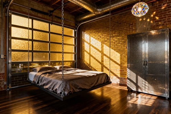 An industrial bedroom centers on a platform bed suspended from the ceiling by heavy steel chains, dressed in smoky gray bedding. Sunlight filters through a large textured-glass garage door, casting a grid of warm amber light across an exposed brick wall, glossy dark tiles at the door base, a perforated steel wardrobe on casters, dark walnut floors, and exposed wood joists with galvanized ductwork, creating dramatic shadows and a moody, warehouse-inspired atmosphere.