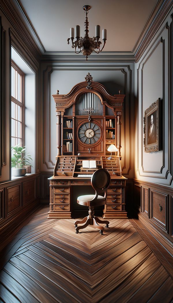 A beautifully crafted spinet desk made of mahogany is positioned in a cozy corner of a home office, with a vintage chair placed in front of it.