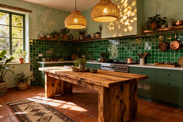 A sunlit bohemian kitchen with emerald green square tile backsplash and sage green base cabinets, anchored by a chunky reclaimed-wood island table on terracotta floors. Two woven rattan pendants cast dappled light, while open wooden shelves display pottery, copper pans, and trailing plants. A black metal-framed window and pale green limewashed walls add texture, complemented by a light stone countertop and brass faucet.