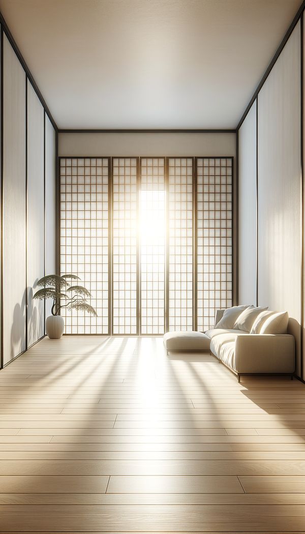 A serene, minimalist living room with a large Shoji panel acting as a room divider, softly diffusing sunlight.