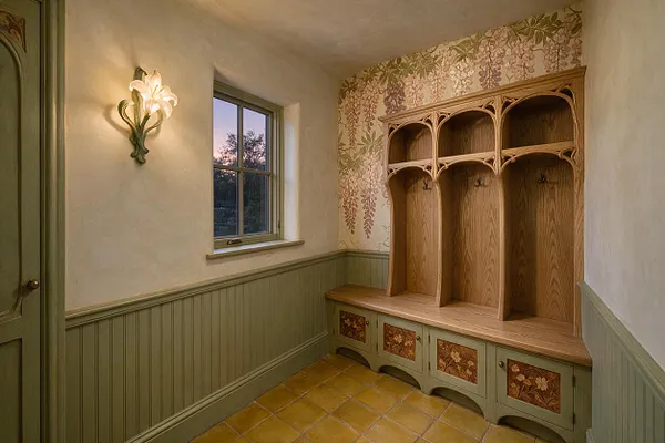 A compact mudroom with sage green beadboard wainscoting, a pale plaster upper wall, and a built-in oak bench with arched cubbies and decorative floral panels. A leaded-style window and a lily-shaped wall sconce add soft light and Art Nouveau character.
