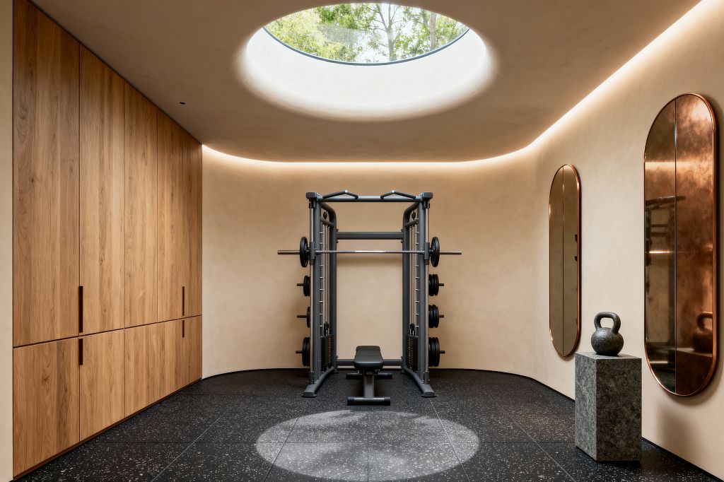 A serene contemporary home gym with curved warm-beige plaster walls and a large circular skylight that pools daylight onto black speckled rubber flooring. A graphite power rack with bench stands centered, with full-height oak cabinetry on the left and two tall arched copper-toned mirrors on the right. Perimeter cove lighting softens the ceiling, while a gray granite pedestal holds a kettlebell, creating a minimal, high-quality training space.
