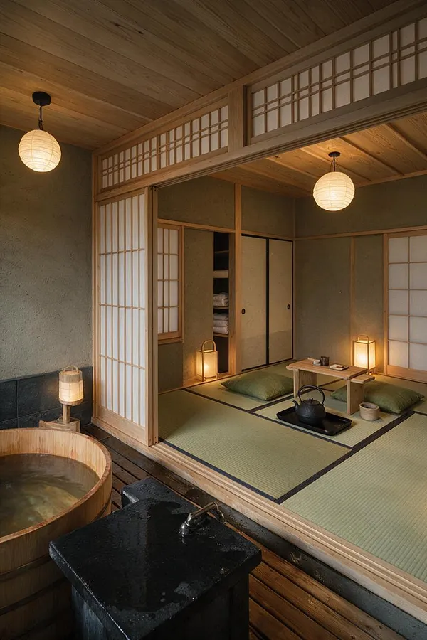 A serene Japanese Zen master bathroom with a wooden soaking tub, black stone basin, tatami mat floor, and shoji screens dividing the bathing area from a low tea-style seating nook. Warm paper lanterns and natural wood finishes create a calm, softly lit atmosphere.