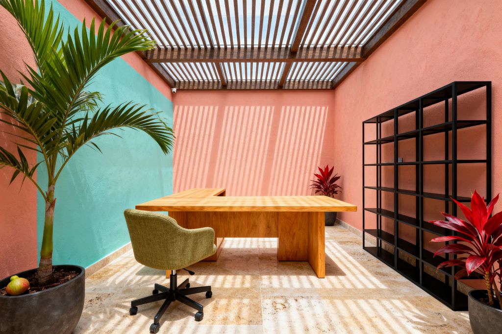 A tropical-inspired home office features coral pink stucco walls, an aqua accent wall, and a light travertine floor. An L-shaped solid-wood desk pairs with an olive upholstered swivel chair, while a black metal open shelving unit lines one side. A wood-slat pergola with clear panels throws striped sunlight across the space. Large planters hold a palm and red-leaf plants, with two mangos resting on the rim of the palm’s pot.