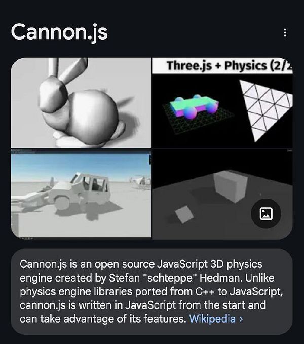 The image features a collage of graphics related to Cannon.js and Three.js physics.