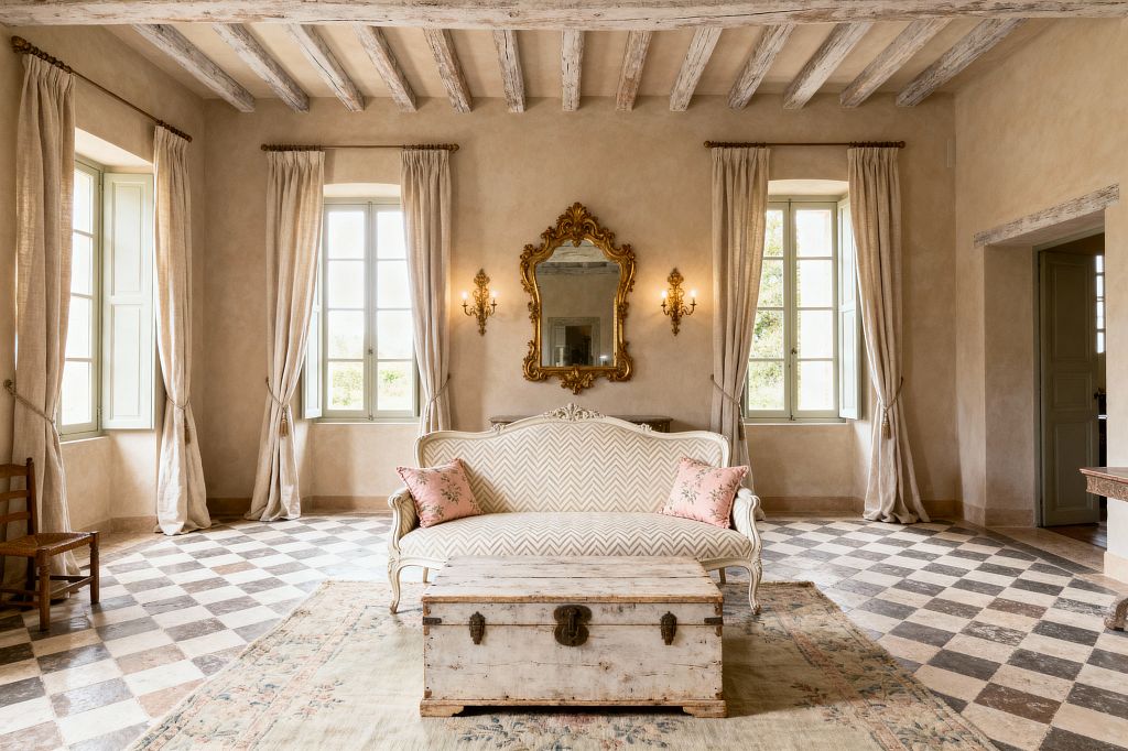 A sunlit French Country living room centers on a cream Louis XV settee in herringbone upholstery, flanked by blush floral pillows, facing a weathered white trunk on a faded floral rug. Behind, a gilded rococo mirror and pair of candle-style sconces hang on limewashed plaster walls between tall windows with sage-painted casements and linen drapery. Whitewashed ceiling beams, a gray-and-ivory stone checkerboard floor, and a rustic side chair add patina and symmetry to the airy, elegant space.