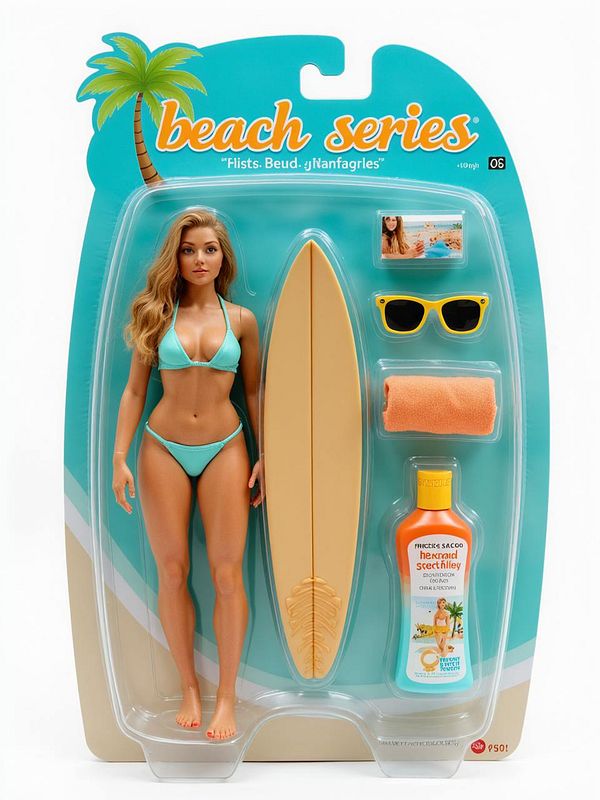 A beach-themed action figure pack featuring a doll in swimwear and various accessories.