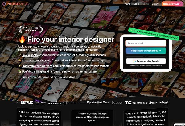 The image features a promotional webpage for an AI interior design app, showcasing various interior design styles and features.