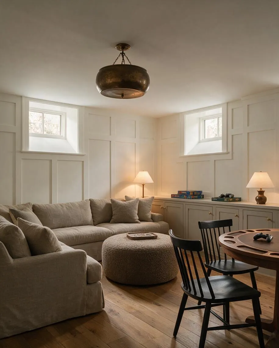 A warm transitional game room with paneled white walls, two small high windows, and a bronze flush-mount ceiling light. The room includes a beige sectional sofa, a textured round ottoman, two table lamps on a long built-in cabinet, black spindle-back chairs, and a round game table on light wood floors.
