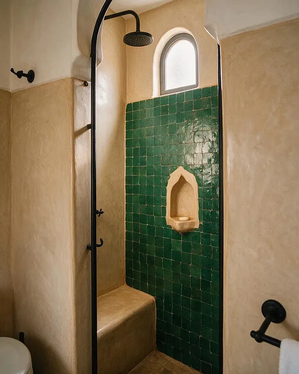 A Moroccan-style master bathroom shower with deep green square tile on one wall, a small arched niche for soap, and warm plaster walls. A black curved shower arm and fixtures contrast with the earthy beige surfaces and a narrow arched window above.